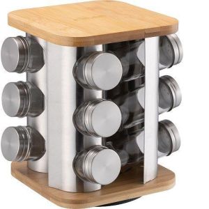 PORTA CONDIMENTOS EM INOX E BAMBU GIRATÓRIO 