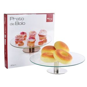 PRATO DE BOLO 30 CM VIDRO E AÇO INOX