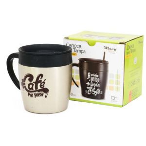 CANECA COM TAMPA EM INOX 400ML MAIS CAFÉ POR FAVOR WINCY 