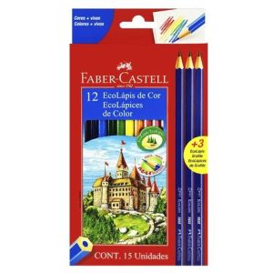 LAPIS DE COR ECOLÁPIS FABER CASTELL 12 CORES + 3 LAPIS PRETO